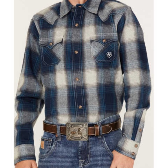 ARIAT plaid button down shirt snap button cotton size large blue gray - Picture 2 of 11